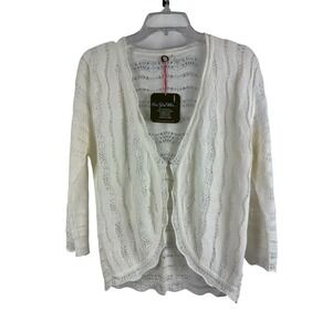One Girl Who Cardigan Sz L Women's Open Knit Resort Cottagecore Scalloped